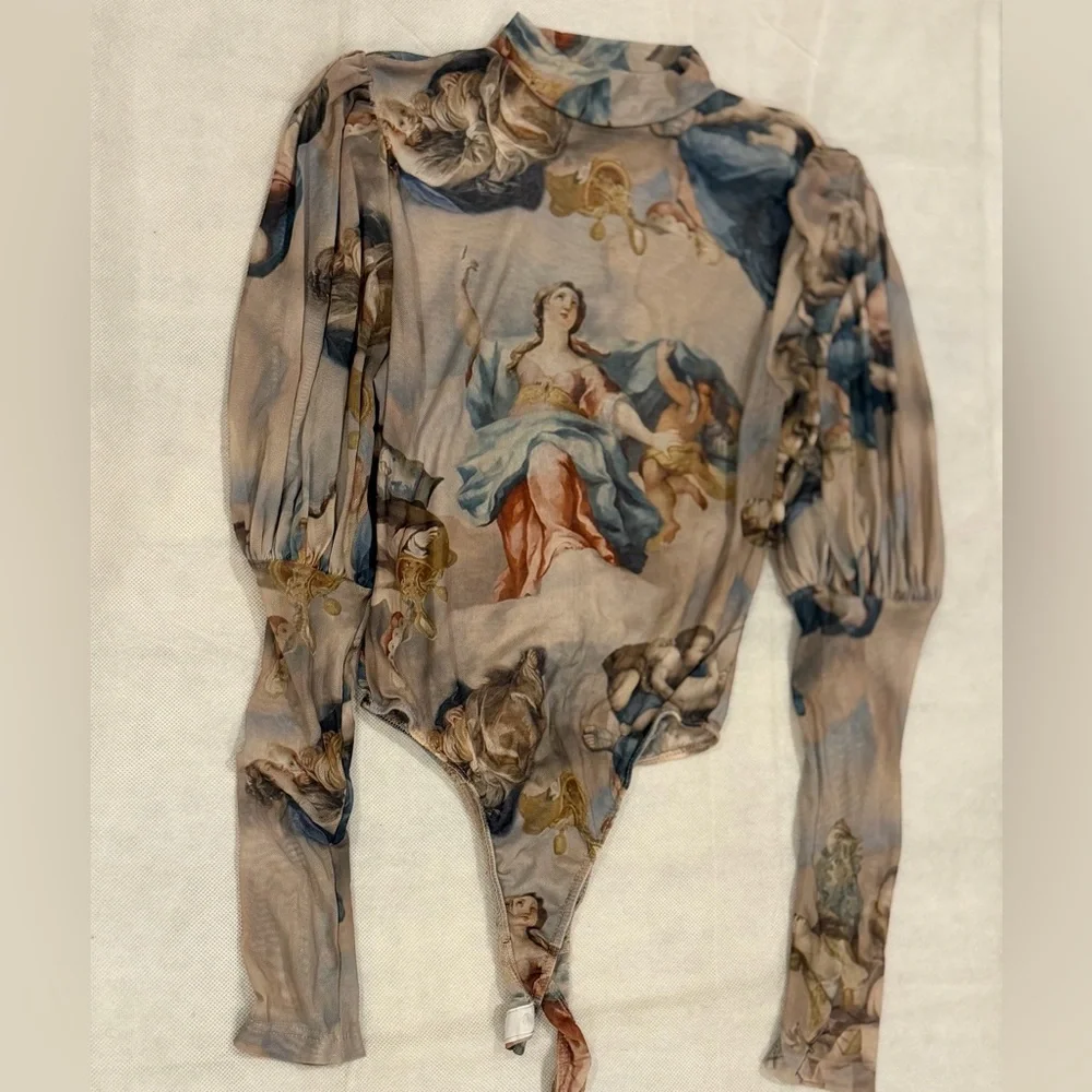Fashion Nova Renaissance Print Mesh Bodysuit | Sheer Long Sleeve | Size M - Picture 3 of 4